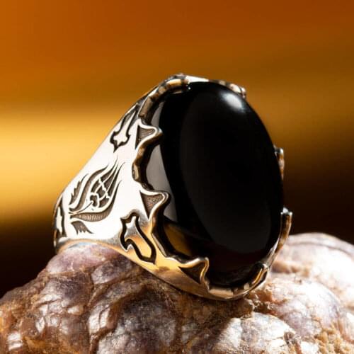 925 Sterling Silver Tulip and Rose Motifs Black Onyx Stone Mens Ring Exclusive Ring for Men Onyx Gemstone Male Ring