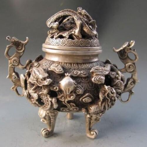 Elaborate Ancient Chinese Old-style Tibetan Silver Dragon Statue Incense Burner with QianLong Mark