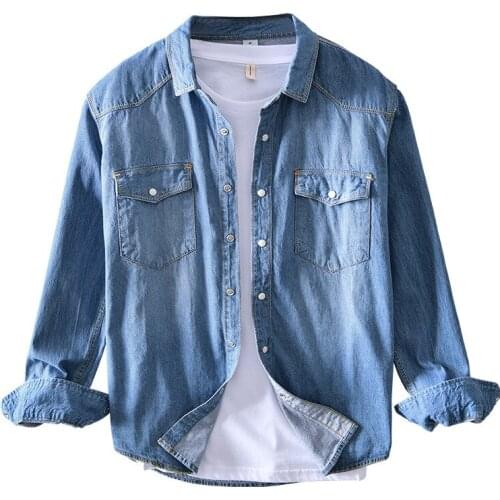 Mens cotton slim denim long sleeve shirt Pocket decoration Square collar Solid color Cardigan shirt Classic Business denim top