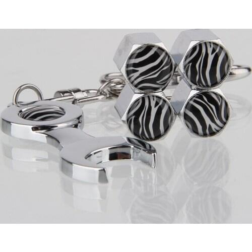 Zebra pattern Car Tire Wheel Valve Caps with Wrench Car Key Chain Ring Dust Proof Tyre Air Cover Bike Motor Universal Accessory