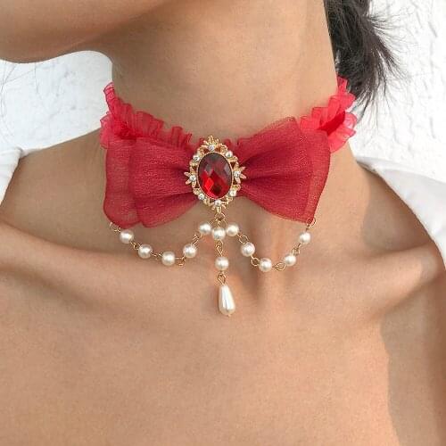 Lalynnly Sweet Stretchable Simulation Pearl Bow Choker Clavicle Chain Necklaces Round Charm Necklace Fashion Jewelry Gift N9101