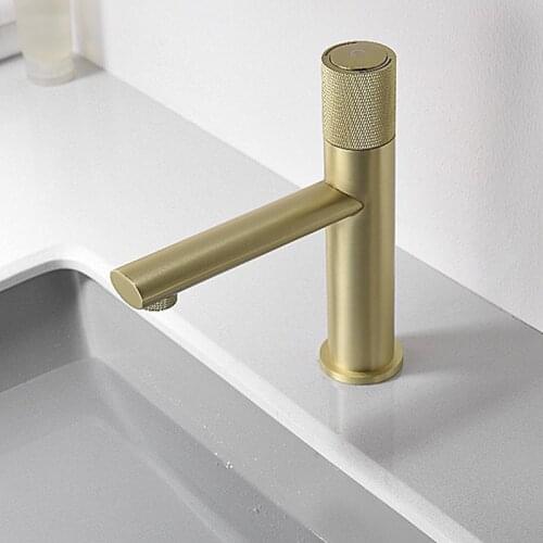 Brass Bathroom Basin Faucet Knurling Design Deck Mounted Water Mixer Tap Press Handle Brushed Gold/Grey/Matt Black/Chrome