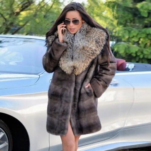 Fashion Real Mink Fur Coats for Women 2021 New Whole Skin Genuine Mink Fur Coat with Raccoon Dog Fur Turn-down Collar Overcoats