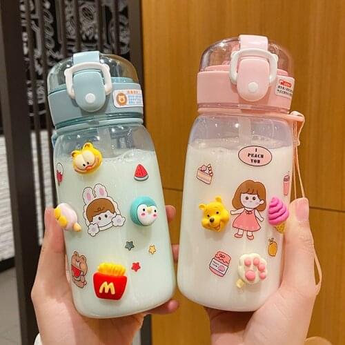 500/350Ml Cartoon Cute Straw Plastic Water Bottle Bpa Free Outdoor Transparent Juice Drinking Cup Suitable For Adult Children