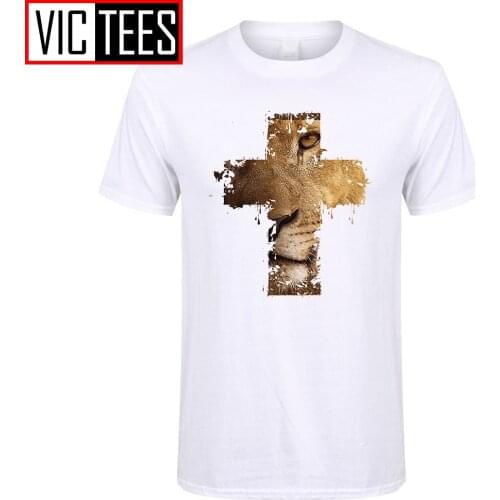 Mens Custom Made T Shirts Lion Cross Christian Animal Homme Tee Shirts Cheap Men Cotton Shirts