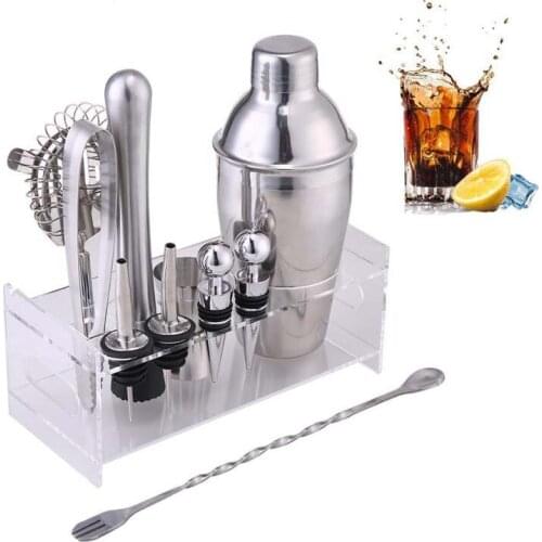 Hot style stainless steel cocktail shaker set of 7pcs wine tools wooden base entry level home mixing kit mixing tools