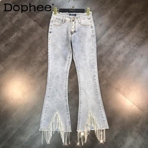 2021 Spring New Fashion Rhinestone Chain Washed Jeans Women Vintage Stretchy Skinny Denim Pants Female Long Trousers High Street