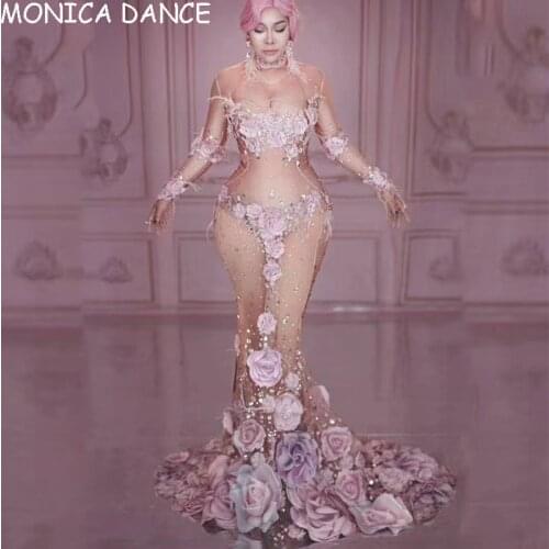 Sexy Wedding Party Rhinestone Velvet Mermaid Pink Dress Women Sexy Evening Long Dress Prom Crystal Trailing Dress Stage Costumes