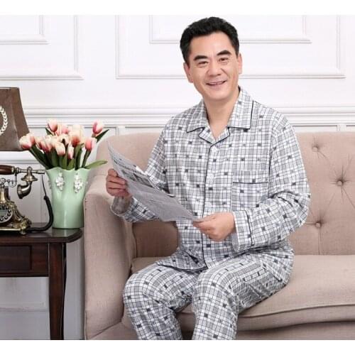 Middle-aged Mens Thin Double-Length Pajamas Set Spring and Autumn Men Pajamas Knitted Cotton Long-Sleeved Cardigan