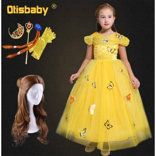 2018 Girls Belle Dress Birthday Girl Butterfly Bebe Gowns Fantasia Infantil Childrens Halloween Party Yellow Dresses Belle Wig