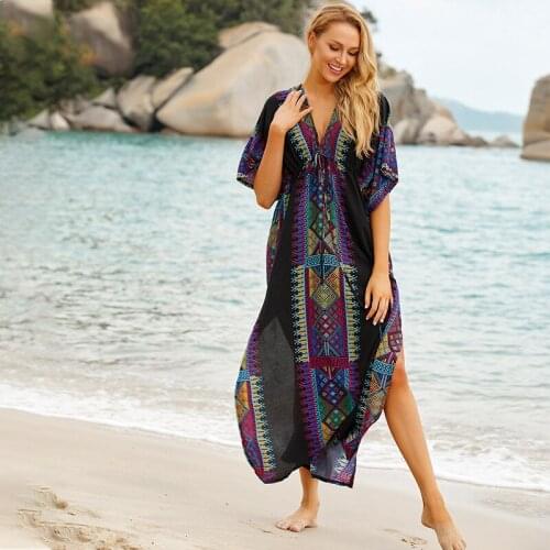 Plus Size Kaftan Beach Tunic Women Summer Beachwear Swimsuit Cover Up Ladies Bohemian Beach Dress Robe de plage sarongs pareo