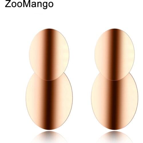 ZooMango 2 Bending Different Sizes Oval Stainless Steel Stud Earrings Rose Gold Color Jewelry For Women Boucle D'oreille ZE18057
