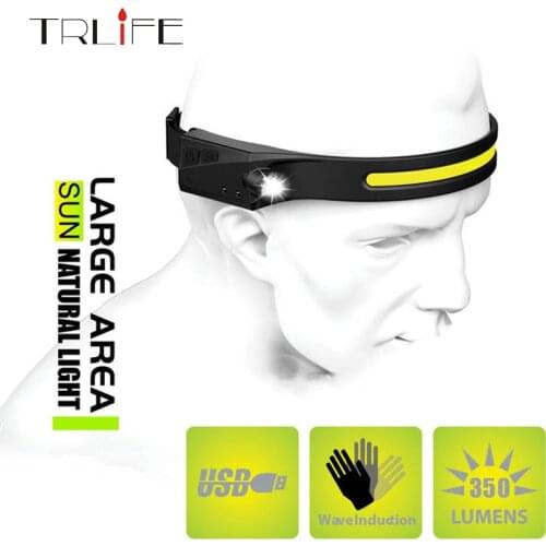 COB LED Headlamp Sensor Headlight with Built-in Battery Flashlight USB Rechargeable Head Lamp Torch 5 Lighting Modes Work Light