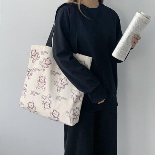 Womens Casual Canvas Shoulder Bag Cute bear Shopping Bag Cotton Cloth Lady Handbag Eco Reusable Large Tote Shopper Bags