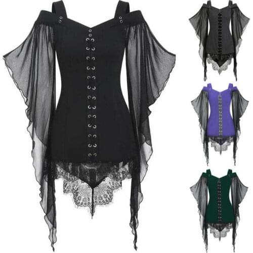 Women Gothic Lace Bandage Tops Skinny Insert Butterfly Sleeve Shirt Plus Size Tops
