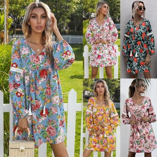 Witbuy Bohemian Print Woman Autumn Mini Dress Loose Long Sleeve With Lace V Neck With Tassel Casual Dresses For Women 2021