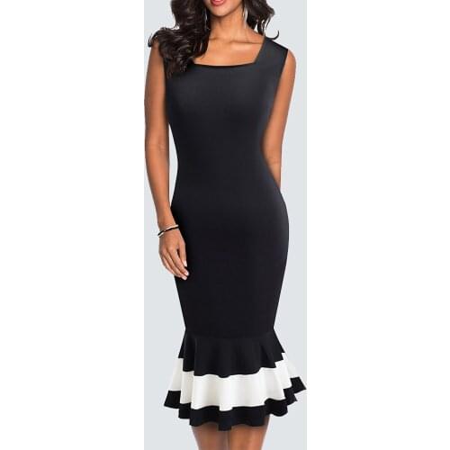 Vintage Square Collar Mermaid Mid Sleeveless Patchwork Wave Elegant Women Dress HB221