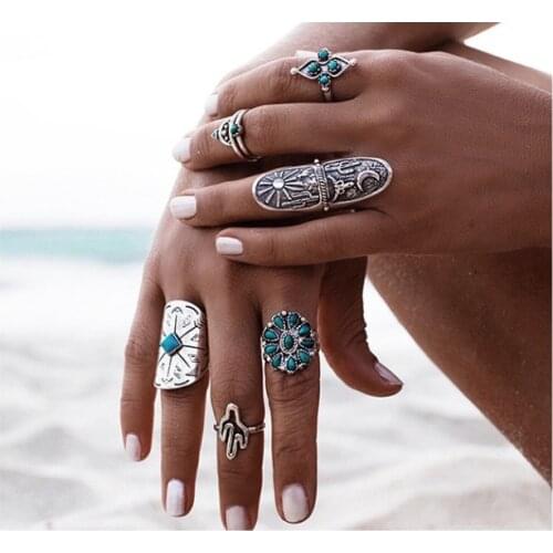 9pc/set Vintage Bohemian Beach Green Stone Ring Set Ethnic Style Antique Color Midi Finger Boho Rings Set Women Jewelry
