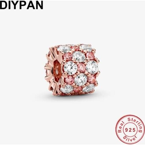 925 Sterling Silver Pink & Clear Sparkle Charm Fit Original Pandora Bracelet Charm Bead Silver 925 Jewelry Berloque