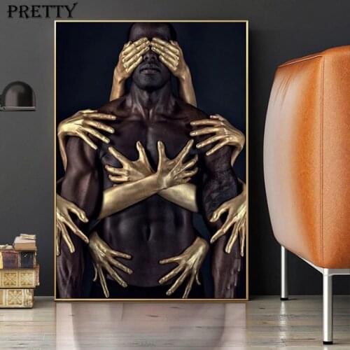 African Art Black Gold Nude Man Canvas Painting Wall Art Gold Hand Posters and Prints Modern Living Room Canvas Pictures