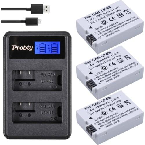 Probty 3Pcs LP-E8 LP E8 LPE8 1800mAh camera Battery + LCD Dual Charger For Canon EOS 550D 600D 650D 700D Rebel T2i T3i T4i T5i