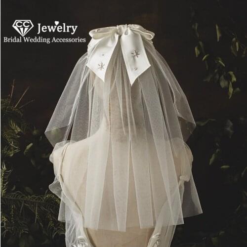 CC Veils Wedding Accessory for Women Bridal Hairwear Engagement Hair Ornaments Satin Butterfly Shape Short Veil One Layer QS122