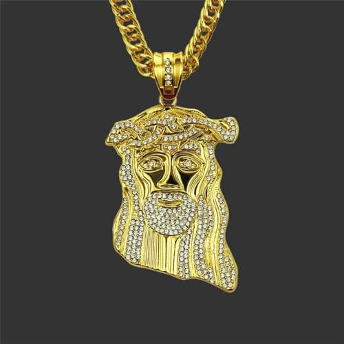 Mens Hip Hop Iced Out Gold God Jesus Face Pendant Cuban Link Chain Necklace Large Religious Christians Party Jewelry