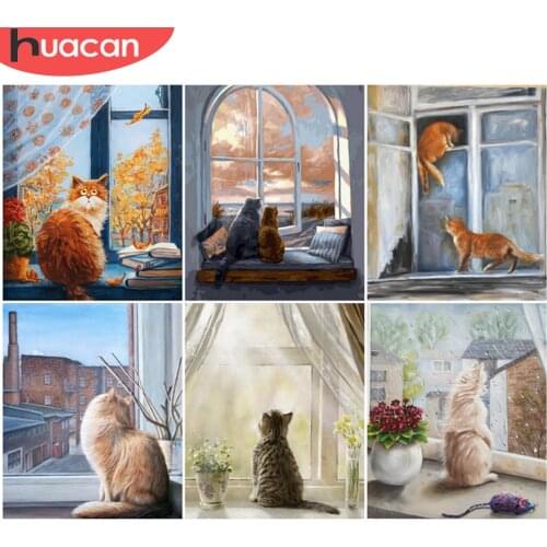 HUACAN Painting By Number Cat Animal Drawing On Canvas Paint By Number For Adults Window Landscape Handpainted Wall Art