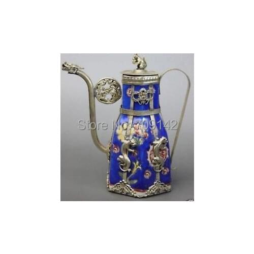 Exquisite old copper collectable Tibetan Silver Chinese Blue Porcelain Dragon Leopard Tea Pot Teapot Antique Mens Traditional