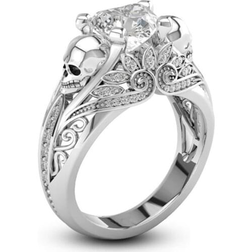 Skeleton Heart Shape CZ Stone Punk Skull Promise Ring for Women Fashion Wedding Engagement Jewelry Valentines Day Gift