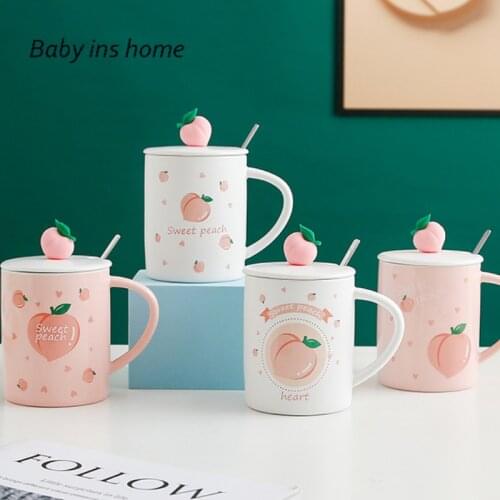 Milk Water Coffe Tea Cup 401-500ml Cute Kawaii Fruit Cup Ins Ceramic Cup Student Korean Style Cartoon Mug with Lid Spoon Home