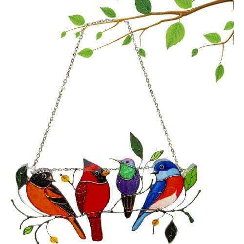 Multicolor Birds On Wire High Stained Suncatcher Creative Birds Stained Glass Window Hangings Panel Home Decoration Accessories