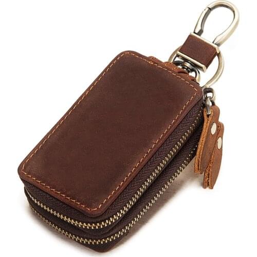 Mens Genuine Leather Double Zipper Key Wallets High Quality Casual Vehicle Car Key Wallet Coin Purse Small Cow Leather Pack