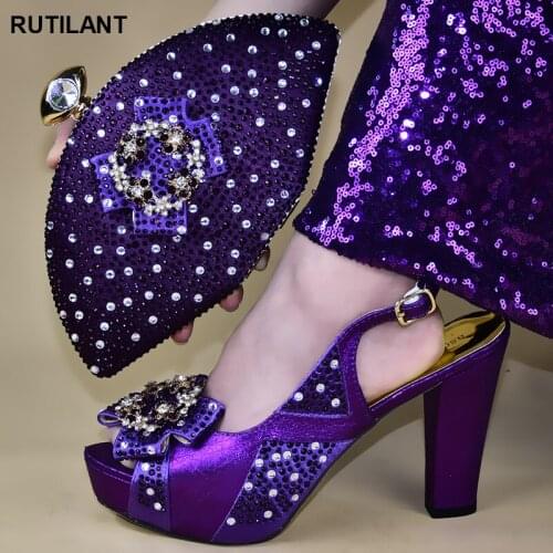 New Matching Lady Shoes and Bag Set In Heels African Wedding Shoes and Bag Set Decorated with Rhinestone Party Buckle Strap