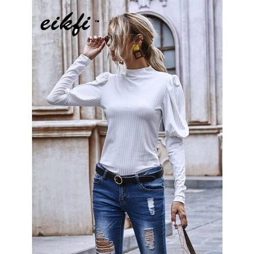2020 Autumn Women Slim Knitted Sweatesr Ladies Long Puff Sleeve Solid White Pullover Female Turtleneck Casual Clothes for Women