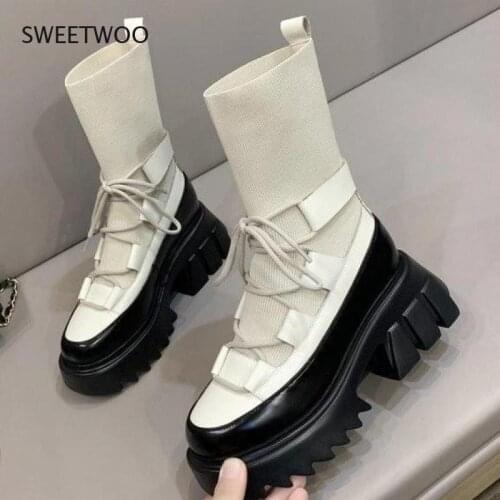 Autumn Winter Black Short Boots New Womens Shoes 2021 Platform Boots for Women Chunky Heels Stretch Fabric