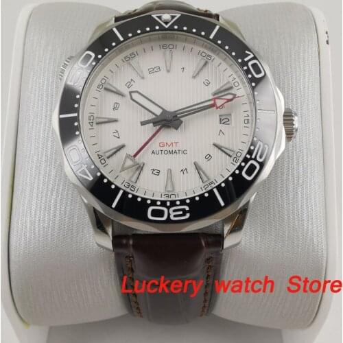 41mm no logo Luxury watch white dial Luminous saphire glass;Leather strap GMT Automatic mens Mechanical Watches-BA193