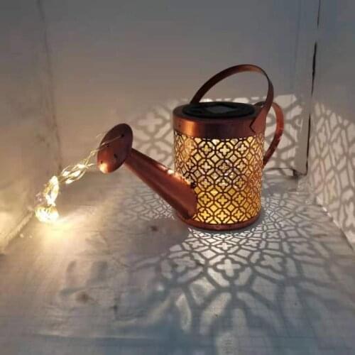 H55A Solar Powered Star Garden Light Hollow Out Wrought Iron Kettle Watering Can Sprinkler Starry String LED Lamp Decoration