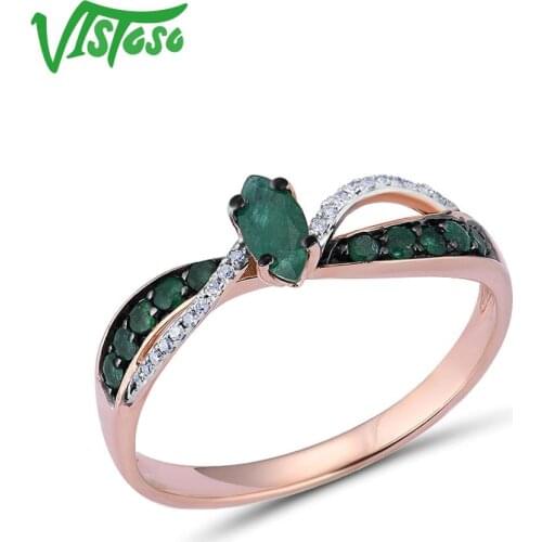 VISTOSO 14K 585 Rose Gold Rings For Women Genuine Ring Magic Emerald Classic Diamond Engagement Anniversary Elegant Fine Jewelry