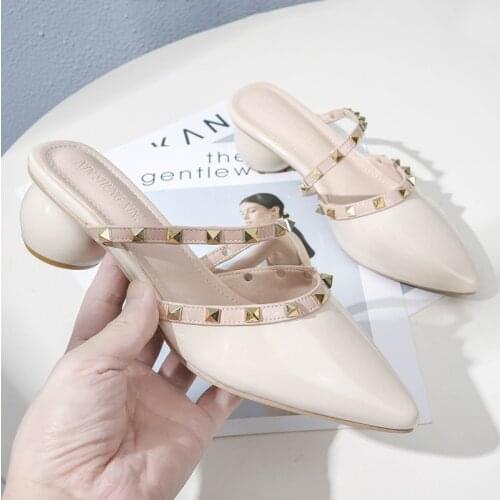 Womens Wear Half Support Chunky Heel Semi-High Heeled Slippers High Heel Muller Shoes Womens Shoes Women Oxford Shoes