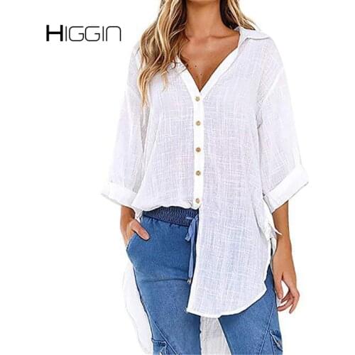 5XL Women Casual Shirts Button Deep-V Blouses Three-Quarter Sleeve Oversized Shirt Irrgular Females Loose Tops Plus Size Autumn