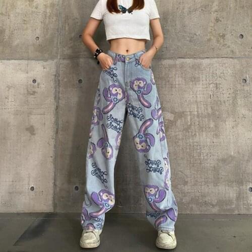 Female Long Trousers Large Size Mom Long Pants Women Jeans High Waist Loose Straight Pants 2021 Cartoon Printed Zipper Casual