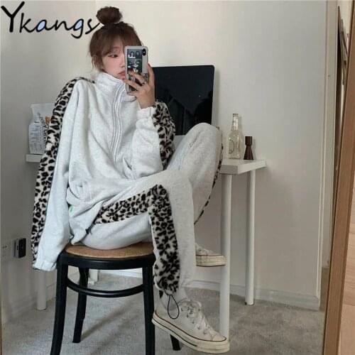 Women Suit Stand-up Collar Jacket Bundled Ankle Sports Pants Two-piece Leopard Print New Ladies Suit Warm Comfortable Stitching