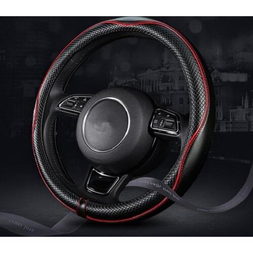 ALLGT Genuine Leather Car Steering Wheel Cover Black Fashion Line Elegant Luxury Wheel Covers 38CM Universal Car Styling