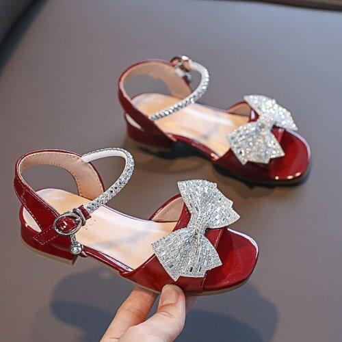ChildrenS Summer School Shoes For Girls Black Leather Sandals 2021 Kids Fashion Rhinestone Bow Sandals 3 5 7 8 9 10 11 12 Year