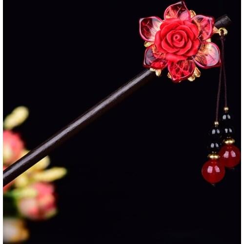 Ethnic Style Ancient Palace Princess Hair Jewelry Temperamental Red Chalcedony Synthetic Cinnabar Flower Classical Hair Stick