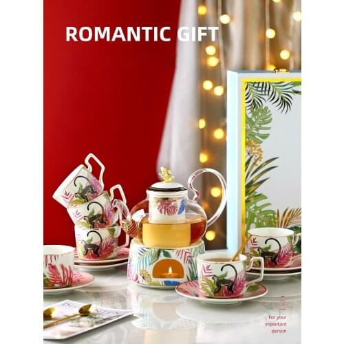 European Gift Box Ceramic Teacup Saucers Set Glass Teapot With Tray Wedding Birthday Present