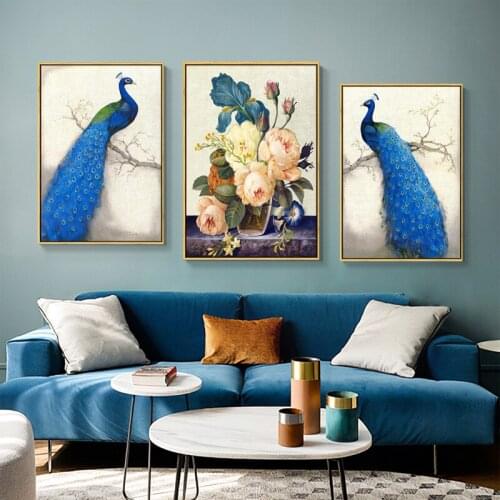 Blue Peacock Flower Canvas Painting For Living Room Home Dining Pictures Decor Hallway Wall Art Prints Bedroom Posters