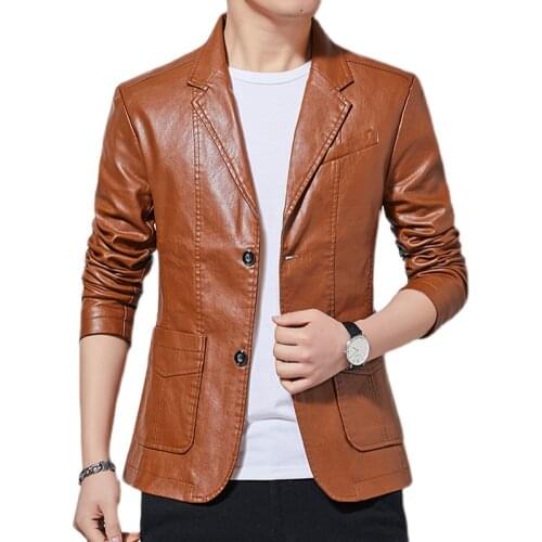 Classic business leather suit men/autumn solid color single-breasted hot sale leather jacket/mens blazer PU Tops male 4XL