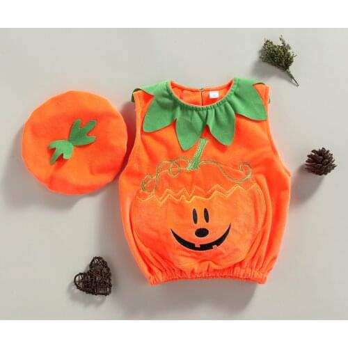 New Arrival High Quality Baby Boys Girls Halloween Two-piece Clothes Set Orange Pumpkin Embroidery Pattern Sleeveless Tops Cap